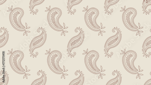 Seamless paisley pattern with intricate details on a light beige background creating a classic textile design