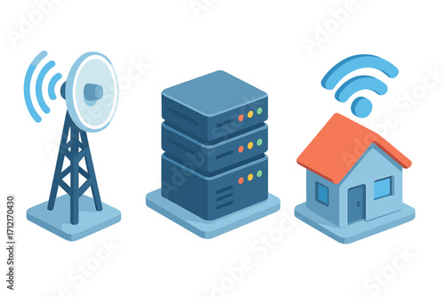 5G telecommunication tower, data server, and smart home with wifi network. Isometric icon set for wireless technology, internet of things, and cloud computing concept.