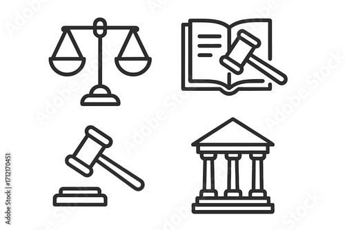 Law and justice line icon set with legal symbols. Vector illustration of scales, judge gavel, law book, and courthouse. For lawyer, court, auction, and legislation concepts.