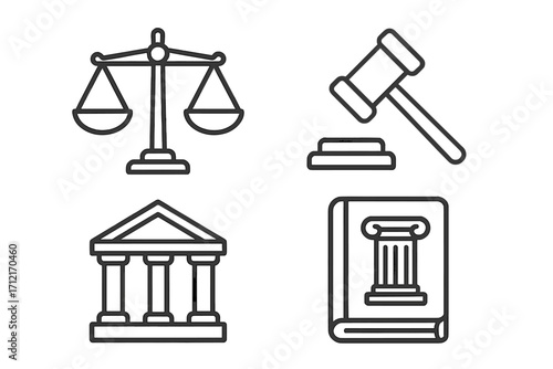 Law and justice icon set with legal symbols for court and legislation. Vector line art of a gavel, scales of justice, a courthouse, and a law book. Rights, verdict, and crime concept.