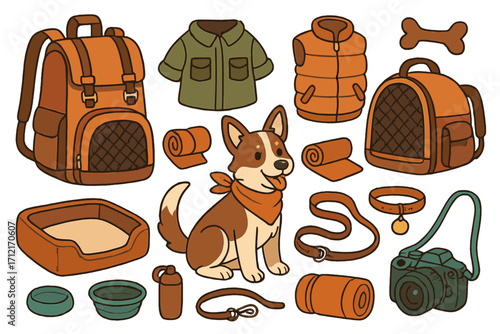 Pet travel essentials with stylish carriers, cozy pet outfits, collars, leashes, portable bowls, and accessories for adventurous pet lovers. Cute dog cartoon vector illustration.