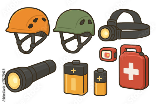 Safety gear and essential outdoor accessories vector set featuring helmets, headlamps, flashlights, batteries, and first aid kits in cartoon style, adventure equipment collection