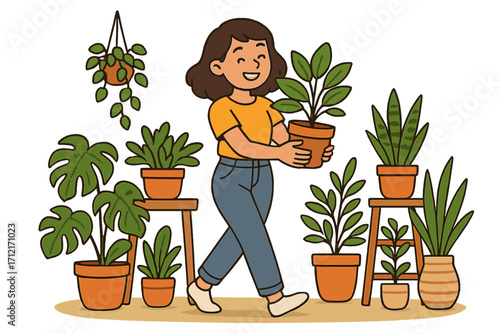 Young woman happily carrying potted plants surrounded by lush indoor greenery at home during the day, houseplants care, green lifestyle, gardening, botanical illustration