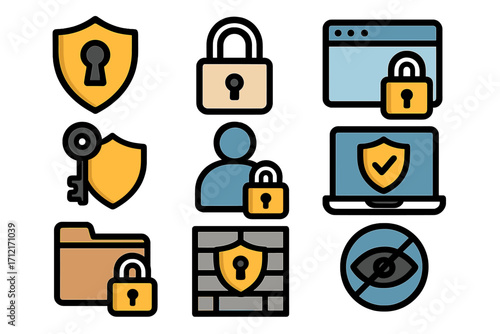 Multiple security privacy icons vector. Data protection and cybersecurity concept with padlocks, shields, key, user privacy, firewall, browser safety, laptop protection illustration.