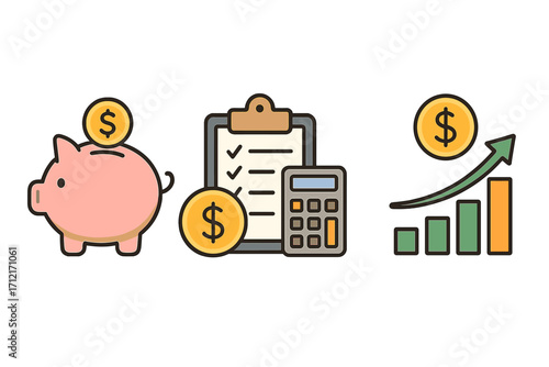 Visual depiction of financial concepts including savings with piggy bank, budgeting checklist and calculator, investment growth chart with dollar coin, vector cartoon icons