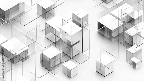 Abstract 3D Geometric Composition with Cubes and Lines in a Minimalist Style