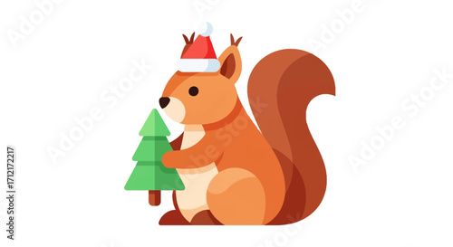 Cute squirrel wearing a Santa hat holding a Christmas tree.