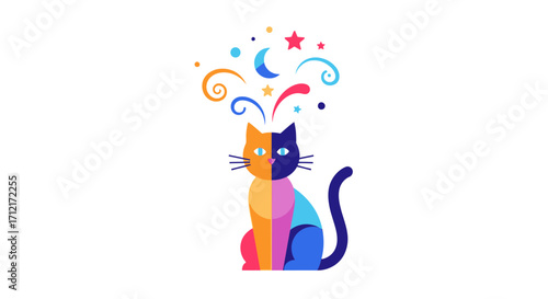 Colorful Cat with Creative Imagination and Dreamy Swirls.