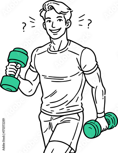 Young man exercising with weight equipment. Happy smiling guy walking and lifting dumbbell flat vector illustration. Healthy active lifestyle. Male doing sport isolated on white background