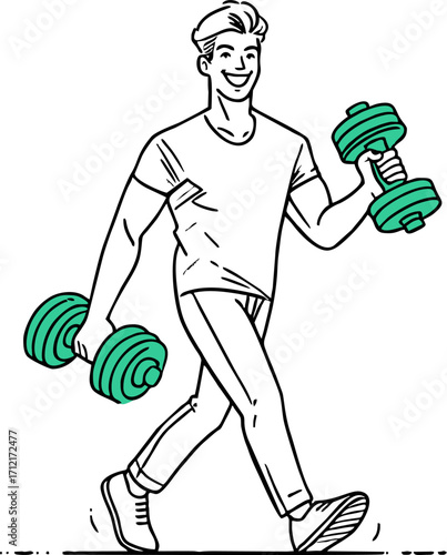 Young man exercising with weight equipment. Happy smiling guy walking and lifting dumbbell flat vector illustration. Healthy active lifestyle. Male doing sport isolated on white background