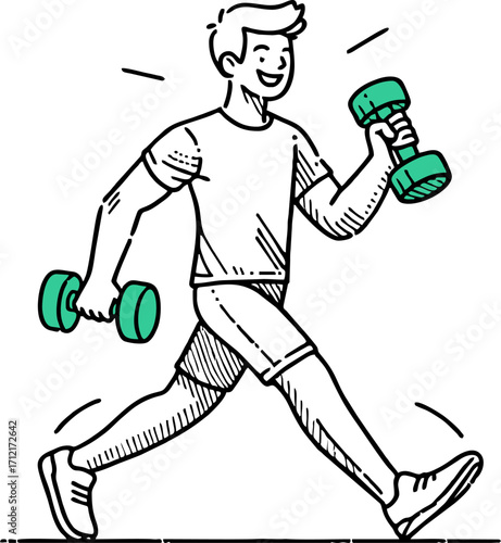 Young man exercising with weight equipment. Happy smiling guy walking and lifting dumbbell flat vector illustration. Healthy active lifestyle. Male doing sport isolated on white background