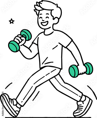 Young man exercising with weight equipment. Happy smiling guy walking and lifting dumbbell flat vector illustration. Healthy active lifestyle. Male doing sport isolated on white background