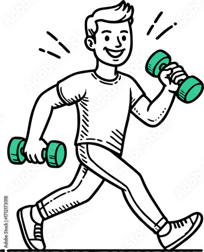 Young man exercising with weight equipment. Happy smiling guy walking and lifting dumbbell flat vector illustration. Healthy active lifestyle. Male doing sport isolated on white background