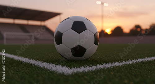 Close-up view of a soccer ball on a grassy field at a stadium during sunset, with stadium lights in the background