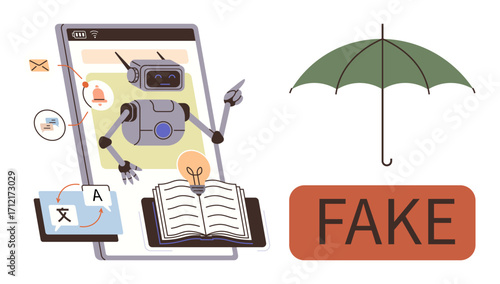 Robot engaging with data on tablet, book, translation process, and alarm icons. Green umbrella signifies protection large FAKE sign symbolizes misinformation. Ideal for AI, data, learning