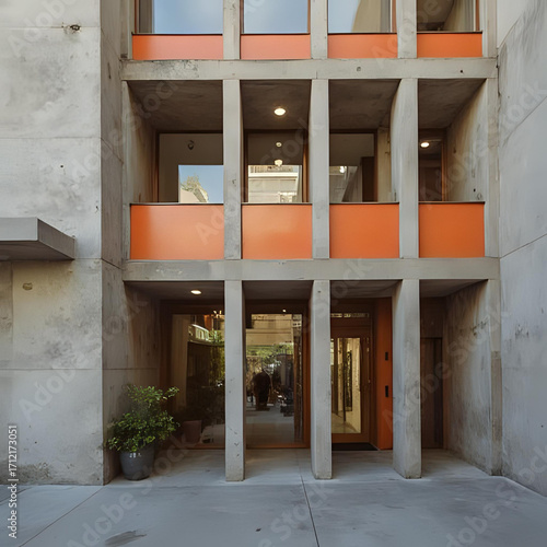 Striking Brutalist Building Design with Concrete Facades and Vibrant Orange Accents, Showcasing Modern Urban Architecture and Contemporary Geometric Forms