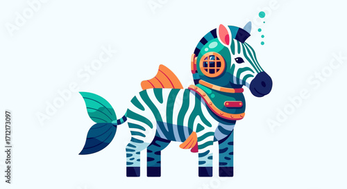 Fantastical zebra seahorse hybrid with a mermaid tail and diving helmet.