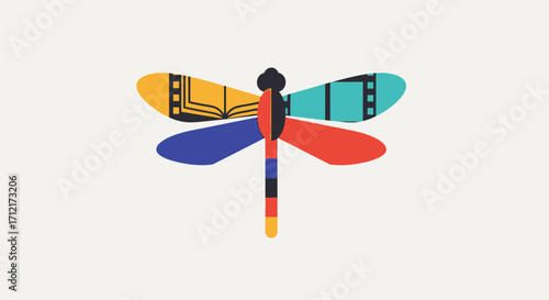 Colorful Abstract Dragonfly Illustration with Geometric Patterns.