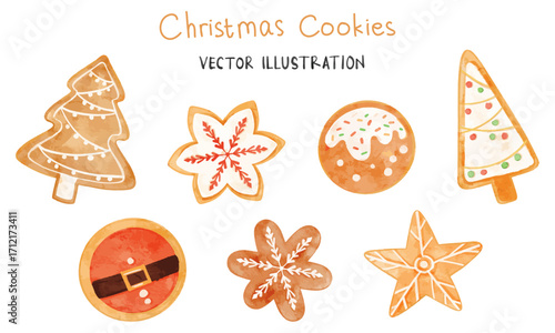 Watercolor Christmas Cookies Collection. Vector illustration of Christmas tree, and star biscuits