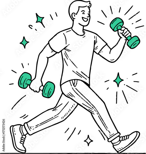 Young man exercising with weight equipment. Happy smiling guy walking and lifting dumbbell flat vector illustration. Healthy active lifestyle. Male doing sport isolated on white background