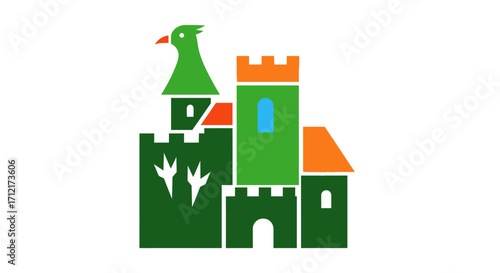 Stylized Green Castle with Dragon Turret and Orange Roofs.