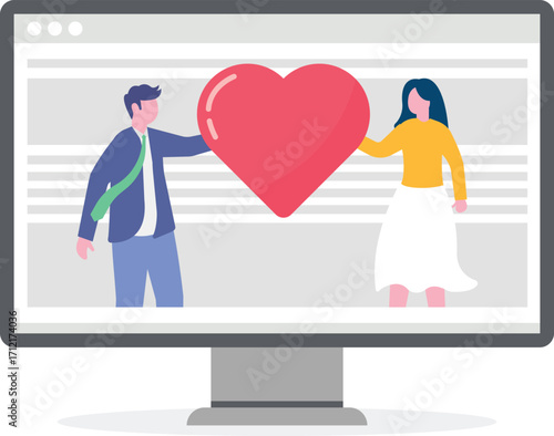 Online friends meeting, online dating and online relationship concept with tiny people.

