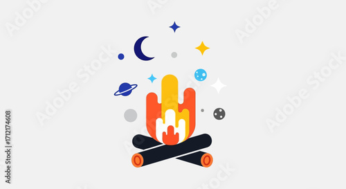 Campfire with Celestial Elements - A Whimsical Night Scene.