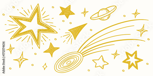Handdrawn golden stars, planets, and a shooting comet on a, representing space and wonder