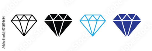 Collection of four diamond icons in different styles and colors, including outline, solid black, blue outline, and solid blue, isolated on white background