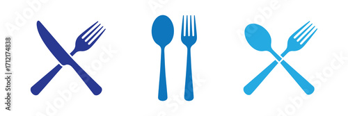 Set of blue cutlery icons including a knife and fork crossed, a spoon and fork side by side, and a spoon and fork crossed, isolated on white background