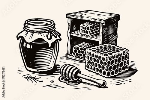 Traditional honey jar, honeycombs, and dipper in woodcut style on light background, representing organic beekeeping and natural food
