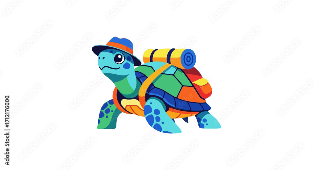 Obraz premium Cute cartoon turtle adventurer with a colorful shell and backpack.