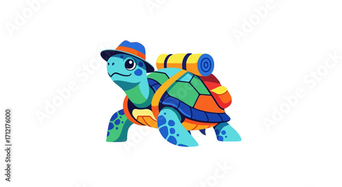 Cute cartoon turtle adventurer with a colorful shell and backpack.