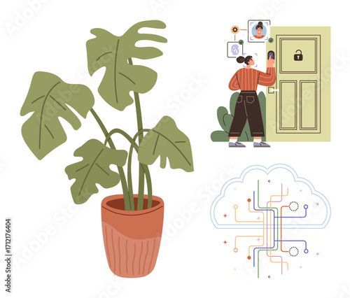 Person interacts with smart home security, lush potted monstera plant complements technology advancements, cloud connectors represent AI and IoT. Ideal for innovation, home automation, security