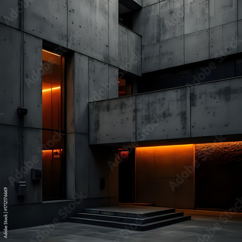 Modern concrete building exterior with warm orange ambient lighting creating a dramatic and futuristic atmosphere