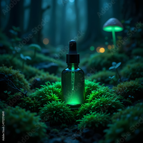 A glowing green glass dropper bottle with liquid sits amidst lush moss in a dark mystical forest