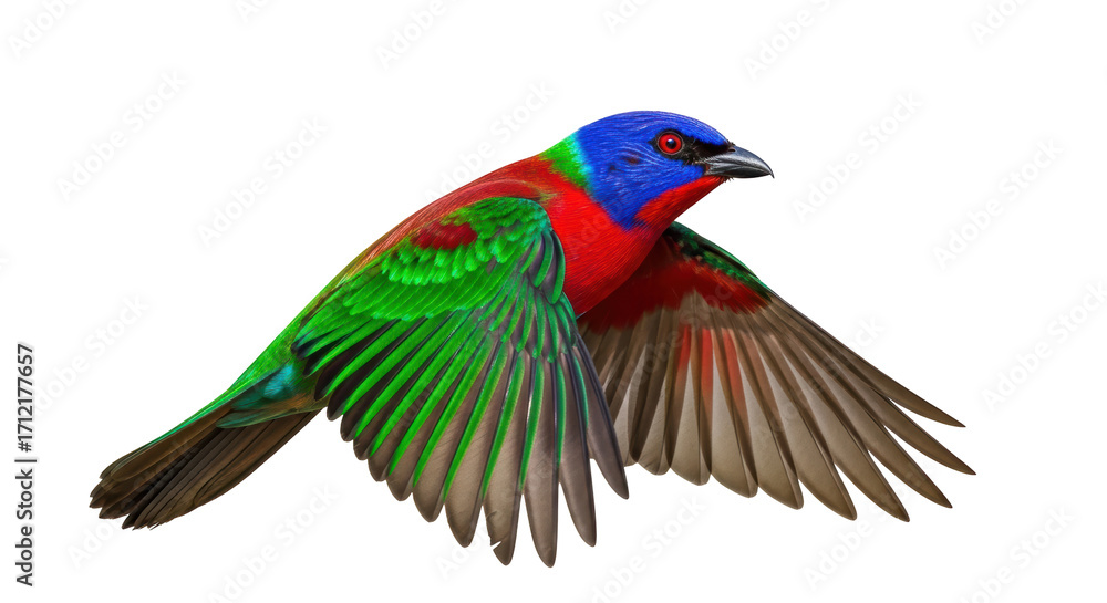Fototapeta premium Isolated flying Painted Bunting showcasing vibrant plumage in dynamic midair pose, vibrant wings
