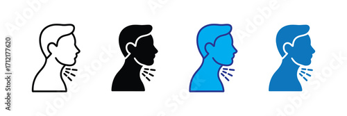 Set of four icons representing a persons profile with a sore throat or cough, isolated on white background