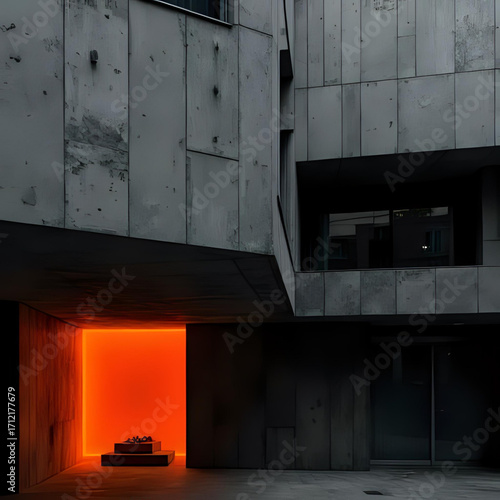 Abstract Urban Geometry A Striking Orange Light Source Casts a Warm Glow Against the Harsh Lines of a Brutalist Concrete Building, Crafting a Modern Architectural Contrast
