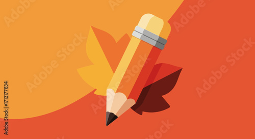 Stylized low poly pencil with an autumn maple leaf.