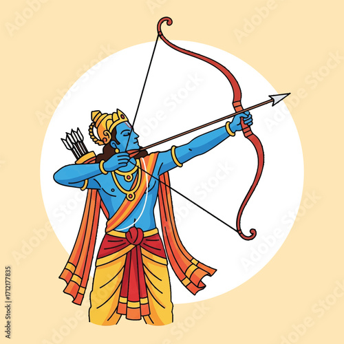 Illustration of Lord Rama Aiming with Bow and Arrow
