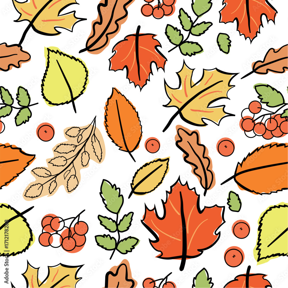 Fototapeta premium Autumn leaves of maple, oak, and mountain ash. Bright autumn leaves pattern