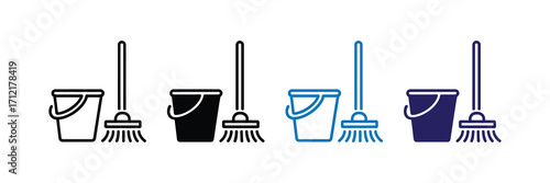Set of cleaning tools including a bucket and a mop, presented in various styles and colors, isolated on white background