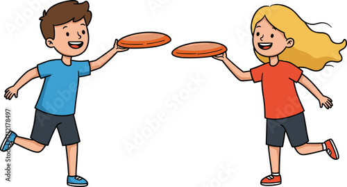 Cartoon children playing frisbee, happy boy and girl running with flying discs, outdoor game, fun physical activity, vector illustration  children playing frisbee, happy boy and girl 
