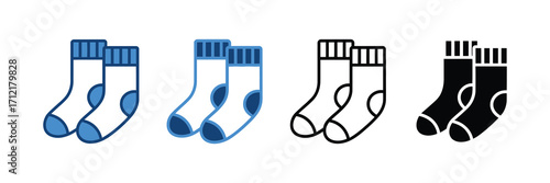 Collection of four different sock icons, including colored, outlined, and solid black versions, all isolated on a white background