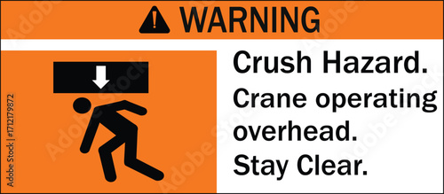 Overhead crane hazard sign and labels crush hazard, crane operating overhead. Stay clear sign, logo, icon, sticker, label, symbol, black, line, flat vector, isolated illustration.	
