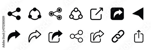 Collection of various share icons and symbols, including network connections, arrows, and upload symbols, isolated on a white background