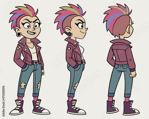 Punk teenage girl character with various views and face emotions. Front, side, back, 3/4 view animated character.