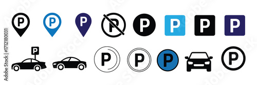Collection of parking icons and symbols including location pins, cars, and p signs in various styles and colors, isolated on white background