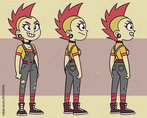 Punk teenage girl character with various views and face emotions. Front, side, back, 3/4 view animated character.